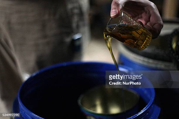 Olive oil, which is also used in the manufacture of soap in Nablus, West Bank on May 31, 2015. Nablus city, northern of the Palestinian territories...
