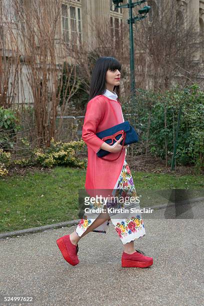 Fashion Blogger Laura Comolli wears an Erika Cavallini coat, Tozzidonna skirt, Posh Head bag and Robert Clergerie shoes on day 7 during Paris Fashion...