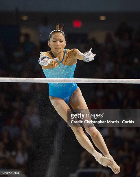 Jessica Lopez Arocha, of Venezuela, on the uneven bars during the individual, artistic gymnastics competition at the 2015 PanAm Games in Toronto.