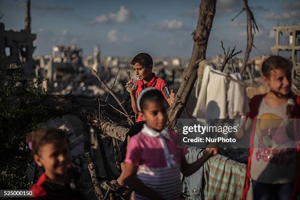Children sitting on their house destroyed during the 50-day conflict between Hamas militants and Israel, in Shejaiya neighbourhood in the east of...