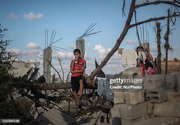 Children sitting on their house destroyed during the 50-day conflict between Hamas militants and Israel, in Shejaiya neighbourhood in the east of...