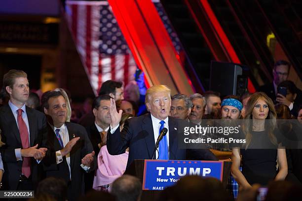 Donald Trump gives victory speech at Trump Towers after his clean sweep on Super Tuesday.