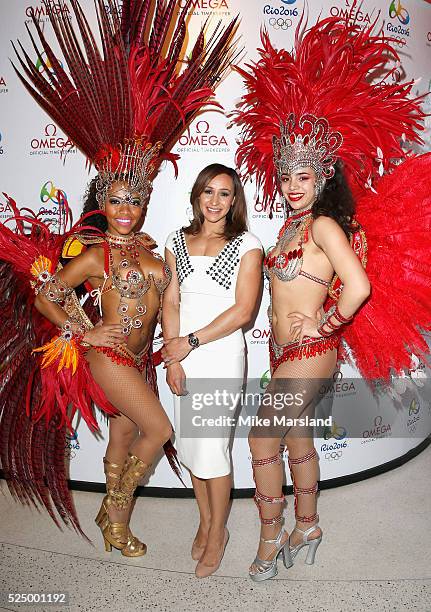 Jessica Ennis-Hill poses with Brazilian dancers at a VIP Dinner to highlight OMEGAs association with the Olympic movement and to celebrate 100 days...