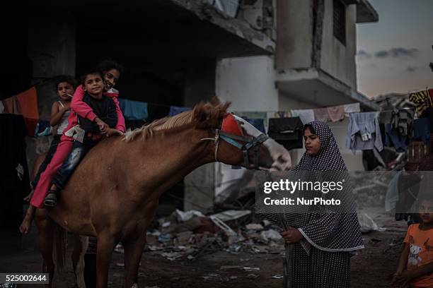 Palestinian children play near a building destroyed during the 50-day conflict between Hamas militants and Israel, in Shejaiya neighbourhood in the...