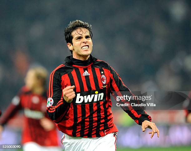 Ricardo Kaka of AC Milan celebrates during the "Serie A" 2007-2008 match, round 18, between Milan and Napoli at the "Giuseppe Meazza" stadium in...