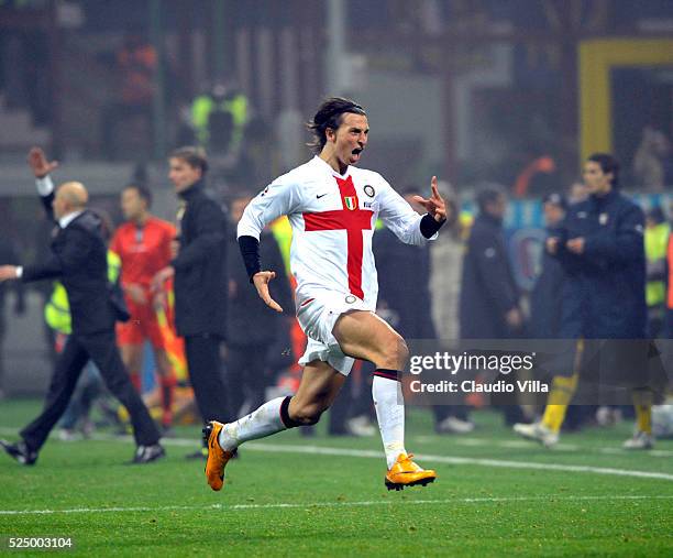 Zlatan Ibrahimovic of FC Inter Milan celebrates during the "Serie A" 2007-2008 match, round 119, between Inter Milan and Parma at the "Giuseppe...