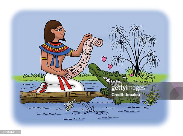 stockillustraties, clipart, cartoons en iconen met antique egiptian men with papyrus - papyrusriet