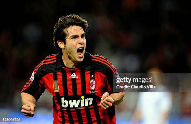 Kaka of AC Milan celebrates during the "Serie A" 2007-2008 match, round 32, between Milan and Cagliari at the "Giuseppe Meazza" stadium in Milan.