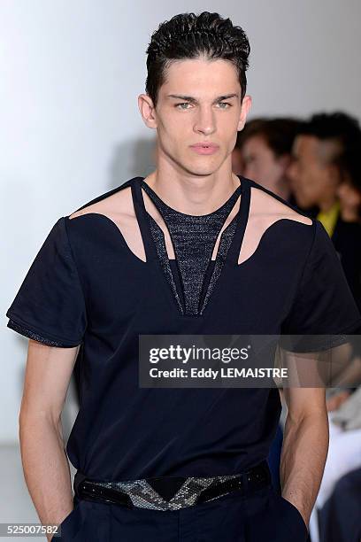 Model presents a creation from the Spring/Summer 2012/2013 Men's collection of Mugler at the Paris Fashion Week, in Paris, France, 27 June 2012. The...