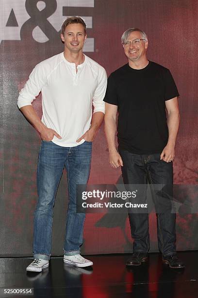 Actor Bradley James and creator and executive producer, Glen Mazzara attend a press conference to promote the new A&E's new series "Damien" at Four...