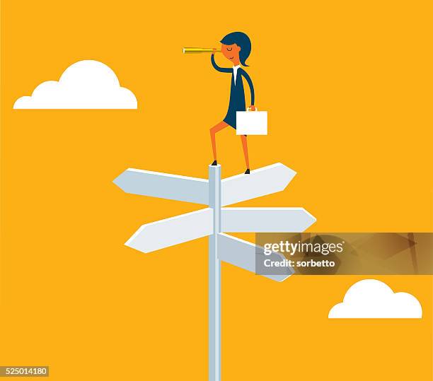 bildbanksillustrationer, clip art samt tecknat material och ikoner med businesswoman with spyglass on a crossroad sign - man tittar ut