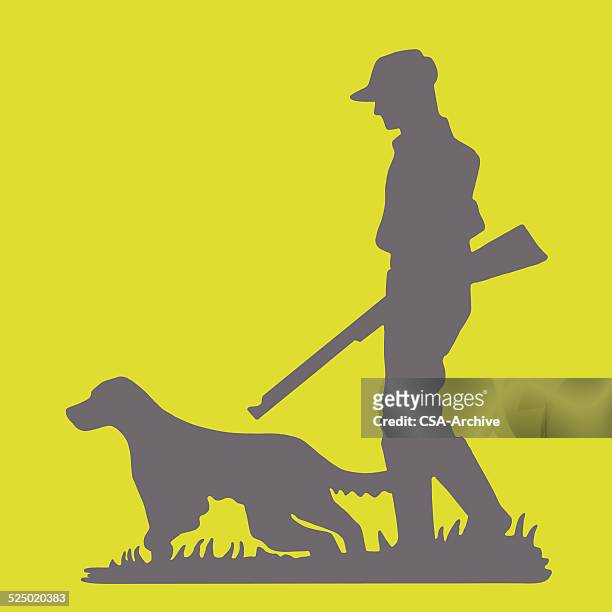 ilustraciones, imágenes clip art, dibujos animados e iconos de stock de silueta de perro cazador y - hunting