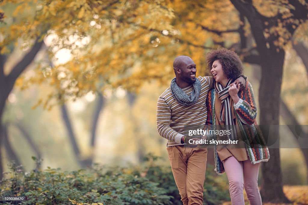 Happy African American couple walking in autumn park and laughing.