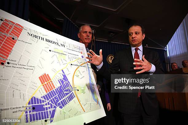 Preet Bharara, the United States attorney for the Southern District of New York, gestures at a map showing where 120 people were arrested on...