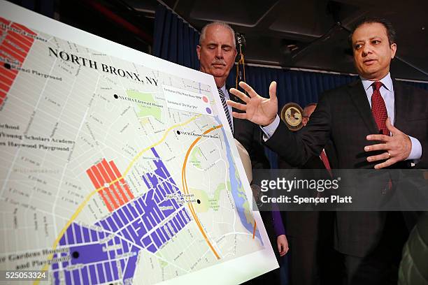 Preet Bharara, the United States attorney for the Southern District of New York, gestures at a map showing where 120 people were arrested on...