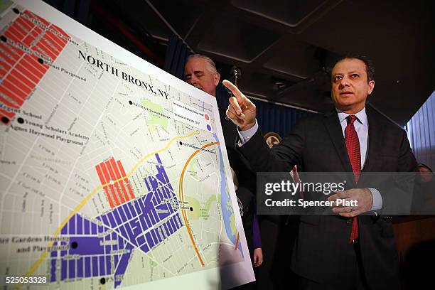 Preet Bharara, the United States attorney for the Southern District of New York, gestures at a map showing where 120 people were arrested on...
