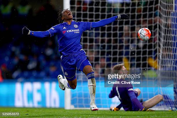 Dujon Sterling of Chelsea celebrates his goal during the FA Youth Cup Final - Second Leg between Chelsea and Manchester City at Stamford Bridge on...