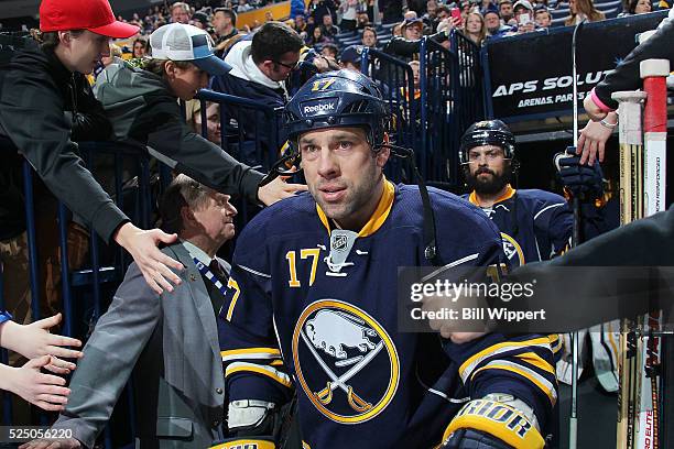 David Legwand of the Buffalo Sabres heads to the ice before playing the Columbus Blue Jackets in an NHL game on April 8, 2016 at the First Niagara...