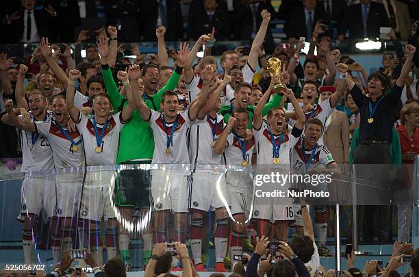 July: Germany players celebrating the victory as a World Champions in match between Germany and Argentina, corresponding to the 2014 World Cup final,...