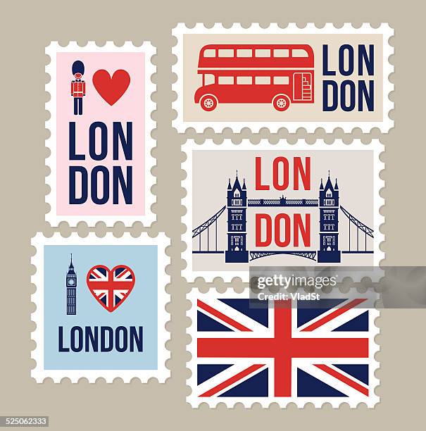 london great britain mail travel stamps - queens guard stock illustrations