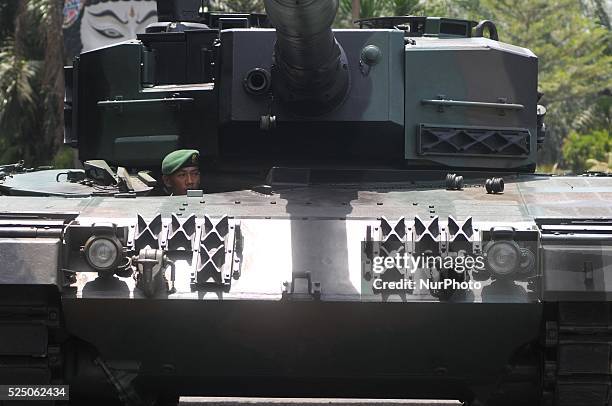 October 10 : A militar army prepares to the Leopard Tank Joy Ride during the 69th Republic of Indonesian Military Anniversary in Surakarta, Central...