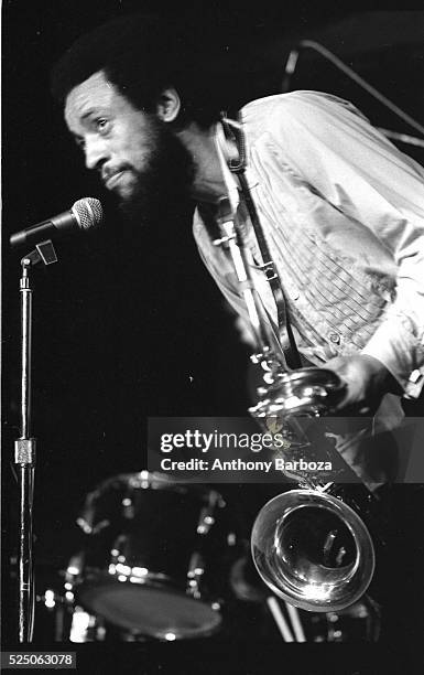 American Jazz musician Henry Threadgill plays saxophone as he performs onstage with his trio, Air, New York, New York, 1980s.