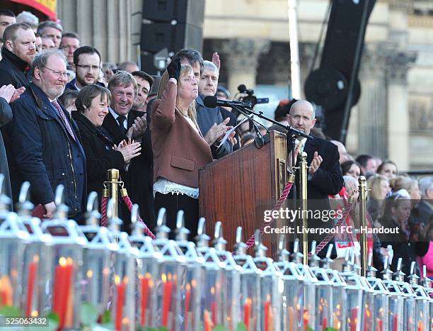 Margaret Aspinall addresses the crowd from the steps of St George's Hall during the Hillsborough Vigil on April 27, 2016 in Liverpool, England.