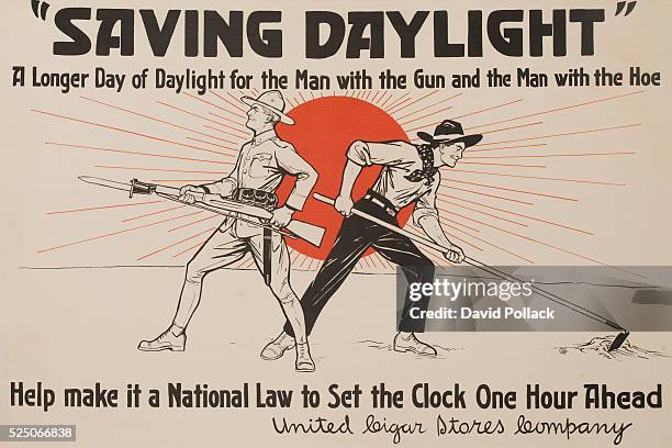 Farmer and a soldier enjoy the benefits of "a longer day" provided by daylight savings. Ca 1917, produced by the United Cigar Stores Company