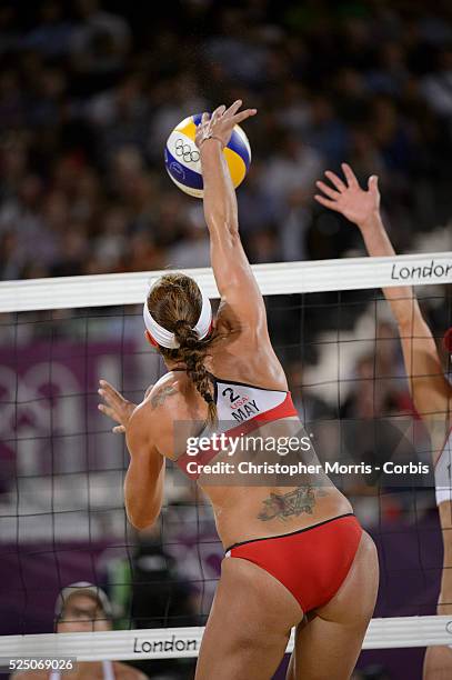 Kerri Walsh and Misty May-Treanor Women's Beach Volleyball Finals Day 12: Beach volleyball at the Horse Guards Parade during the 2012 London Olympic...