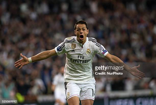 Real Madrid's Mexican forward Javier Hernandez Chicharito celebrates a goalduring the Champions League 2014/15 Round of 8 second leg match between...