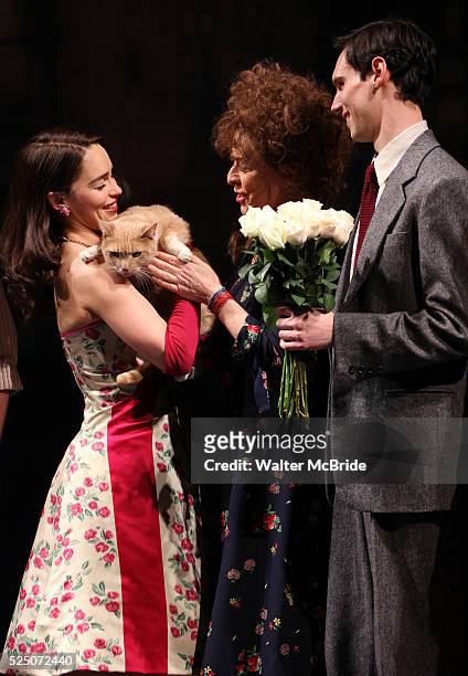 Emilia Clark, Suzanne Bertish & Cory Michael Smith with Vito Vincent during the Opening Night Performance Curtain Call for 'Breakfast At Tiffany's'...