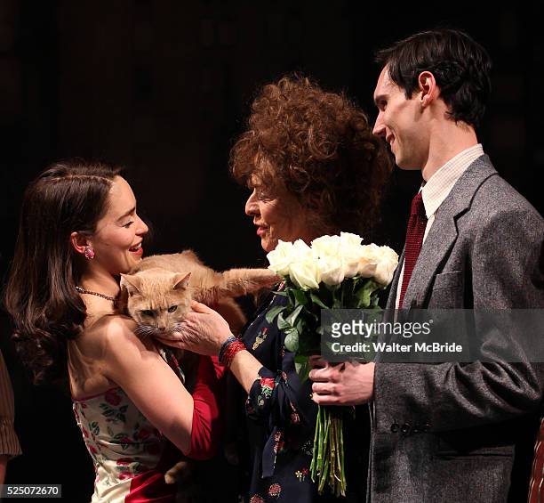 Emilia Clark, Suzanne Bertish & Cory Michael Smith with Vito Vincent during the Opening Night Performance Curtain Call for 'Breakfast At Tiffany's'...
