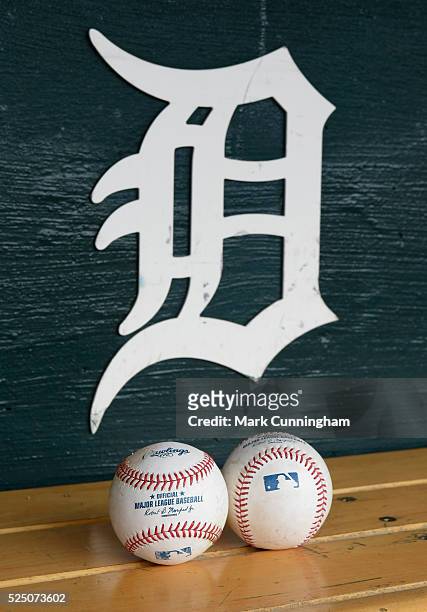 Detailed view of a pair of official Rawlings Major League baseballs sitting in the Detroit Tigers dugout prior to the game against the Pittsburgh...