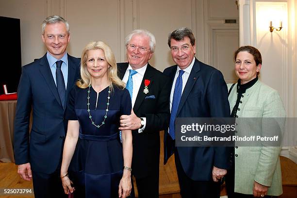 Bruno Lemaire, Catherine Duault, Alain Duault, Xavier Darcos and Laure Darcos attend as Alain Duault is honored with the Insignia of Officer of the...