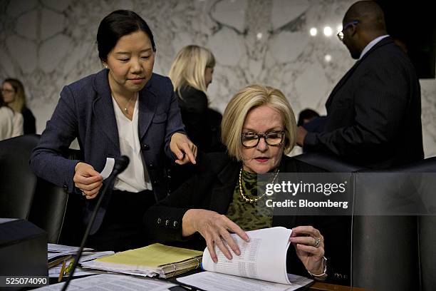 Ranking member Senator Claire McCaskill, a Democrat from Missouri, right, prepares for a Senate Special Committee on Aging hearing on Valeant...