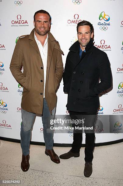 Gethin Jones and a guest attend a VIP Dinner to highlight OMEGAs association with the Olympic movement and to celebrate 100 days to go to the start...