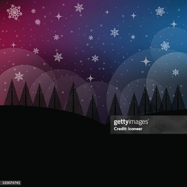 winter and christmas landscape with snow and trees at night - dark winter forest stock illustrations