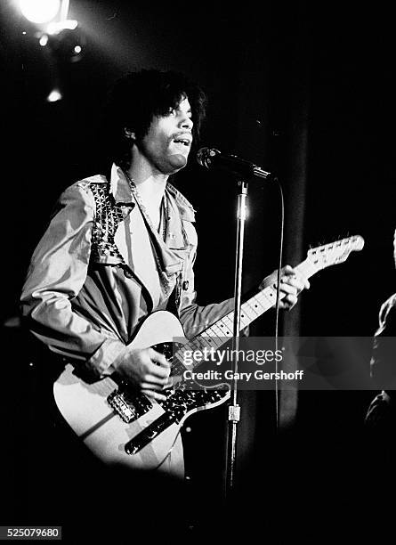 American musician Prince plays guitar as he performs onstage at the Ritz during his 'Dirty Mind' tour, New York, New York, March 22, 1981.