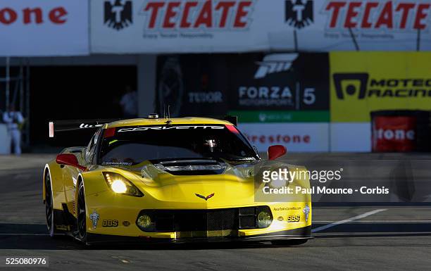 The Corvette Racing C7.R of Olivier Gavin and Tommy Milner during practice for the Tequila Patron Sports Car Showcase race during 40th Annual Toyota...