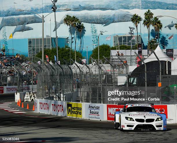 The BMW RLL Z4 GTE of Dirk Muller and John Edwards during practice for the Tequila Patron Sports Car Showcase race during 40th Annual Toyota Grand...