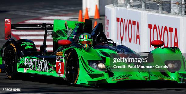 The Extreme Motorsports HPD ARX-03b of Ed Brown and Johannes van Overbeek during practice for the Tequila Patron Sports Car Showcase race during 40th...