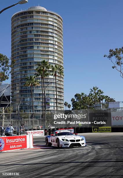 The BMW RLL Z4 GTE of Dirk Muller and John Edwards during practice for the Tequila Patron Sports Car Showcase race during 40th Annual Toyota Grand...