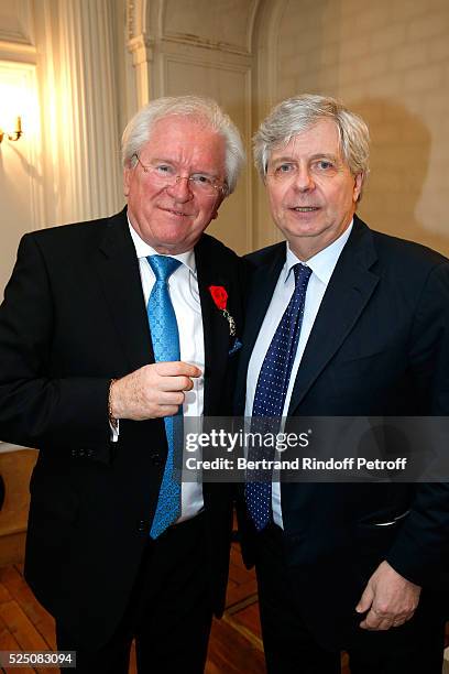 Alain Duault and Stephane Lissner attend as Alain Duault is honored with the Insignia of Officer of the Legion of Honor at Salle Gaveau on April 13,...