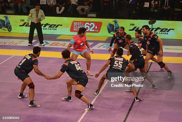 Players in action during the Pro Kabaddi league match between Jaipur Pink Panthers and Bengal Warriors in Kolkata, India on Wednesday , July 23, 2015.