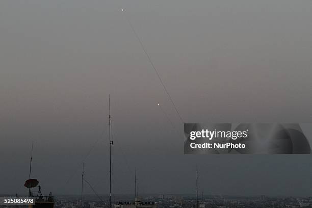 An M75 rocket is launched from the Gaza strip into Israel by militants of Ezz Al-Din Al Qassam militia, the military wing of Hamas movement, in Gaza...