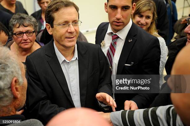 Isaac Herzog, leader of Hamahane Hatzioni Party, attends an elections campaign meeting on January 18 in Kfar Haim. &quot;Hamahane haTzioni&quot; is...
