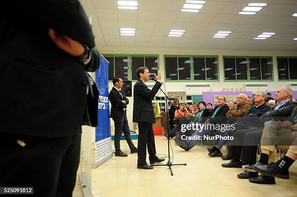 Isaac Herzog, leader of Hamahane Hatzioni Party, speaks to supporters during an elections campaign meeting on January 18 in Kfar Haim. &quot;Hamahane...