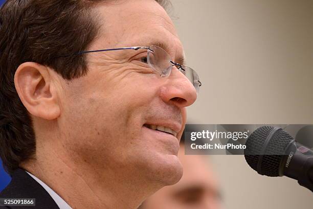 Isaac Herzog, leader of Hamahane Hatzioni Party, speaks to supporters during an elections campaign meeting on January 18 in Kfar Haim. &quot;Hamahane...