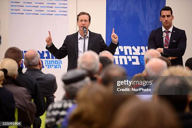 Isaac Herzog, leader of Hamahane Hatzioni Party, speaks to supporters during an elections campaign meeting on January 18 in Kfar Haim. &quot;Hamahane...