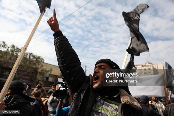 Palestinian Salafist shouts during a protest against satirical French weekly magazine Charlie Hebdo's cartoons of the Prophet Mohammad, outside the...